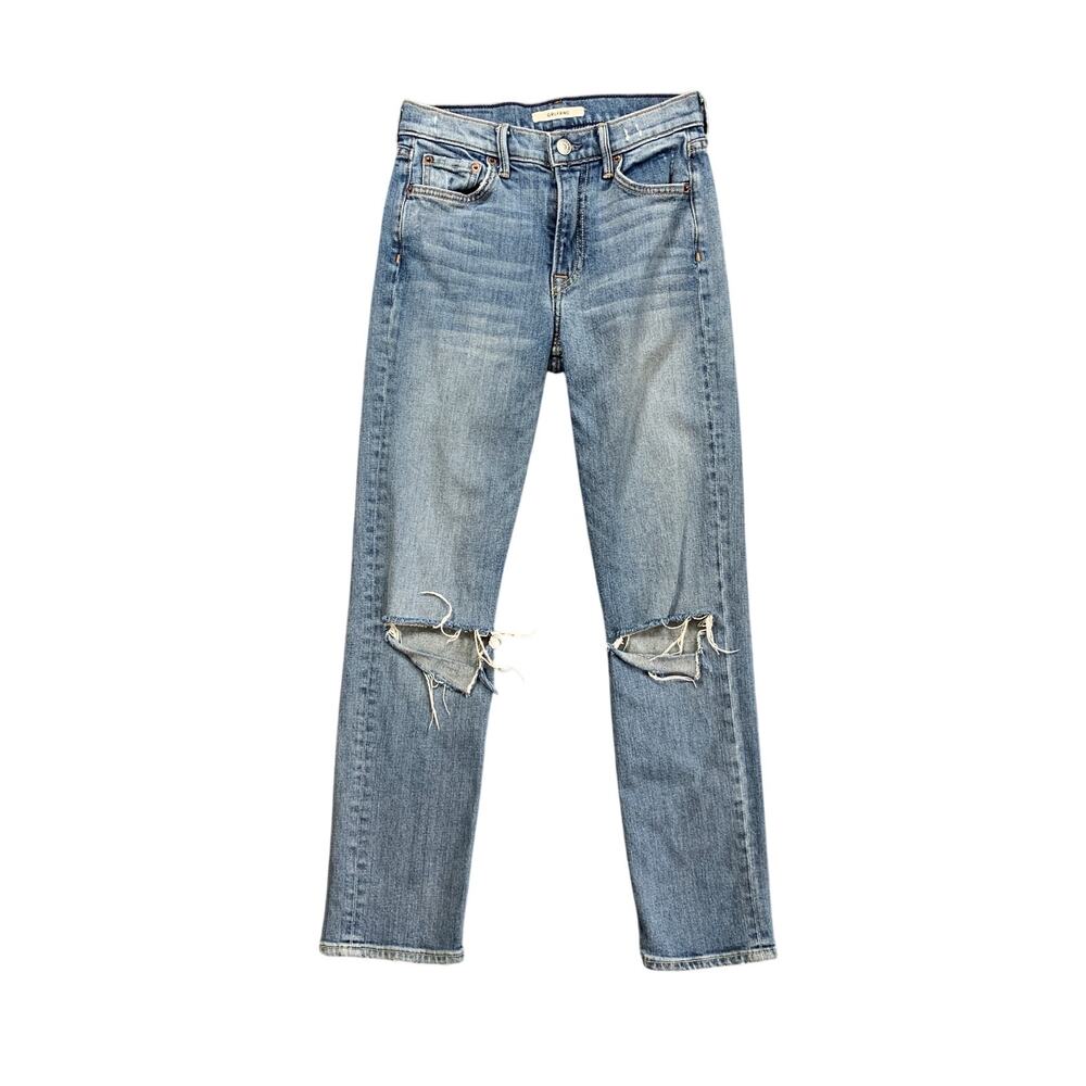 Grlfrnd Jeans Women 24 Denim Naomi Straight Leg Distressed Whiskered Ripped Knee